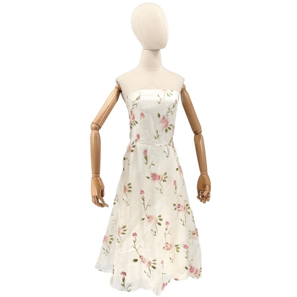 Vintage 90s Helena White 100% Silk Garden Party Handpainted Strapless Dress